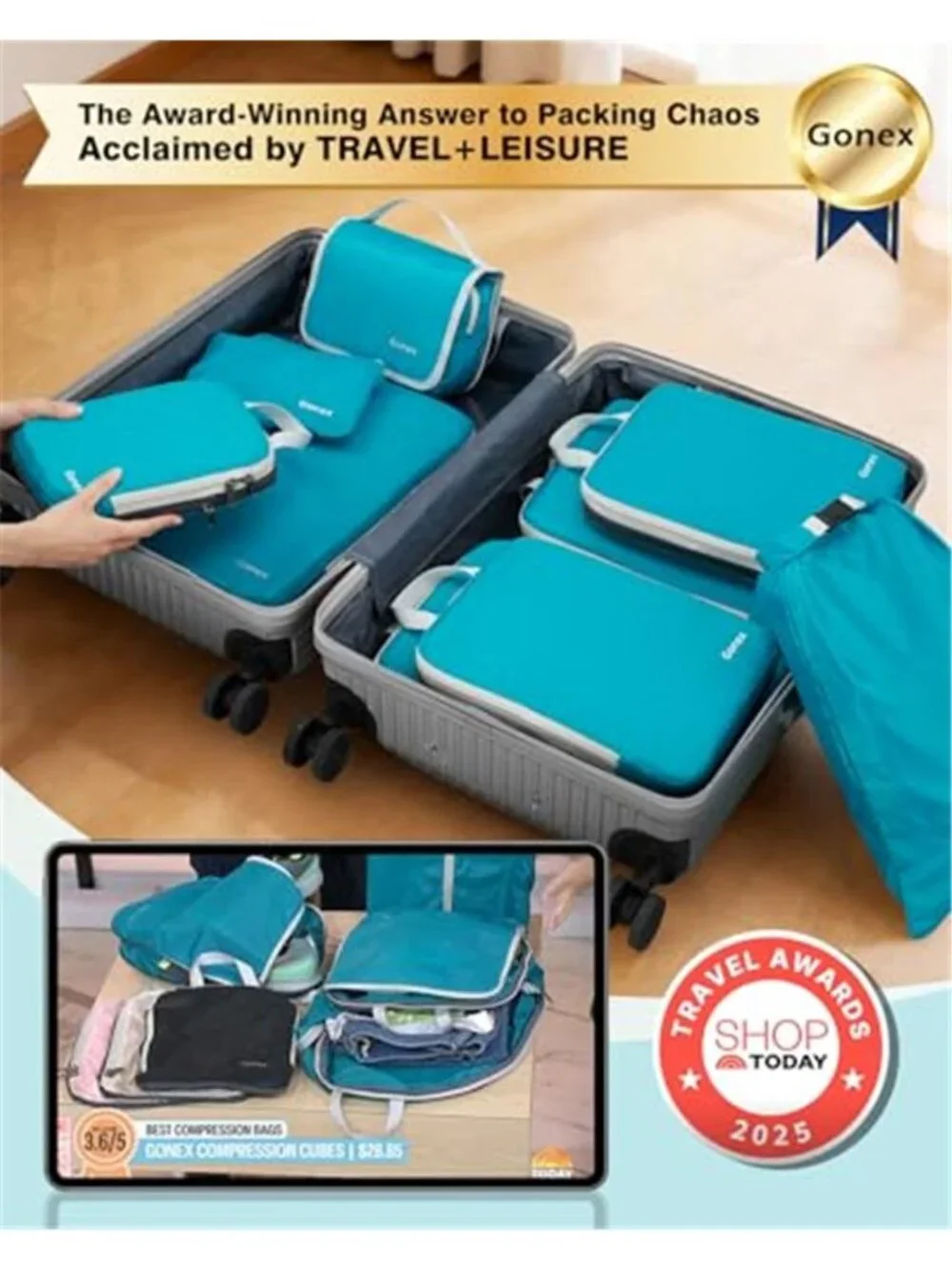 10 Piece Compression Packing Cubes Travel Luggage Organizer Bags Waterproof Blue